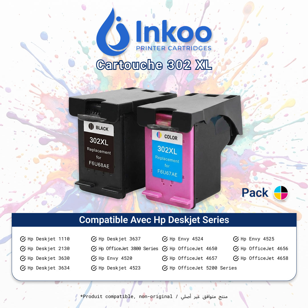 Pack 2 Cartouches Compatibles HP 302XL (Noire + Couleur) – Haute Capacité